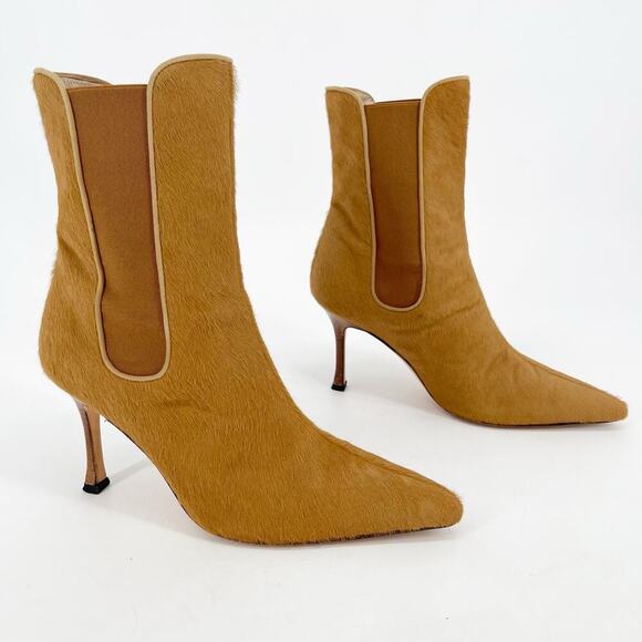 Manolo Blahnik Vintage Ponyhair Camel Brown Heeled Chelsea Ankle Boot IT 37 - Picture 1 of 11